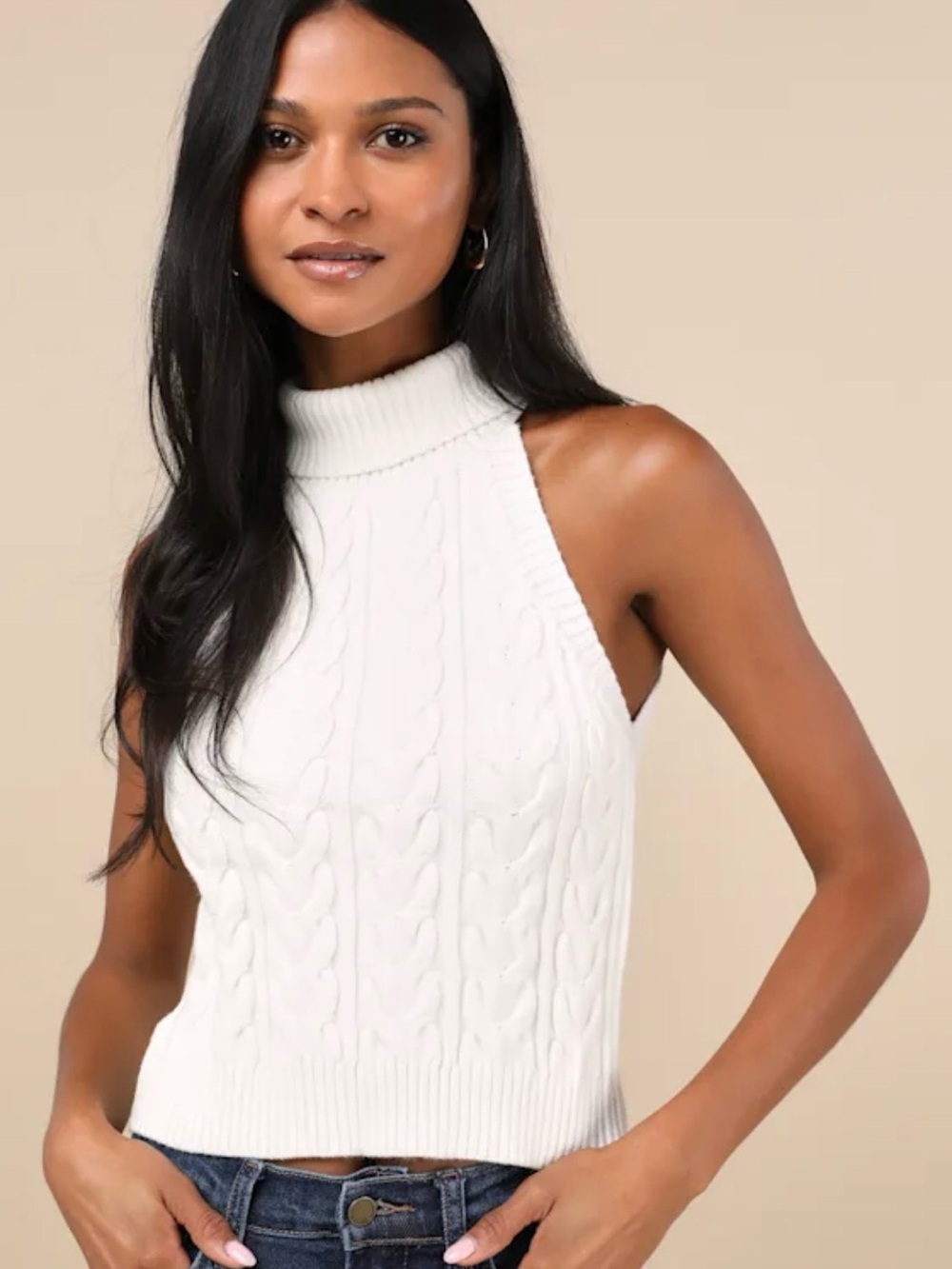 Lulu's White Cable-Knit Sleeveless Turtleneck Sweater Tank